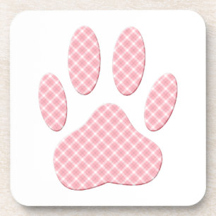 Pink And White Tartan Dog Paw Print Coaster