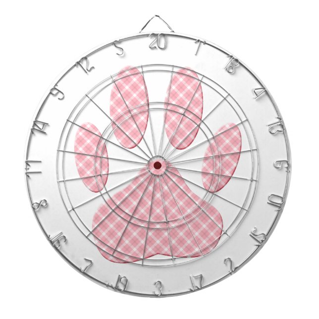 Pink And White Tartan Dog Paw Print Dartboard (Front)