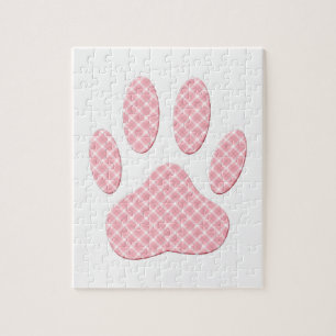 Pink And White Tartan Dog Paw Print Jigsaw Puzzle