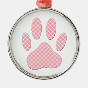 Pink And White Tartan Dog Paw Print Metal Ornament
