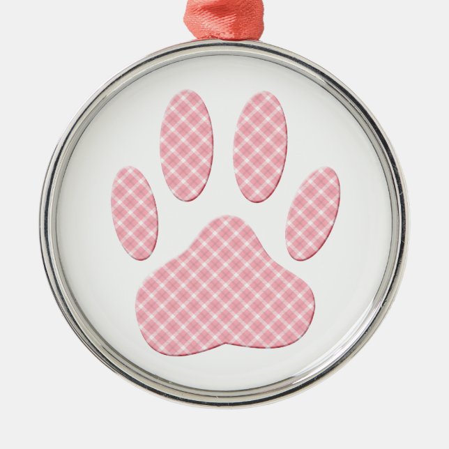 Pink And White Tartan Dog Paw Print Metal Ornament (Front)