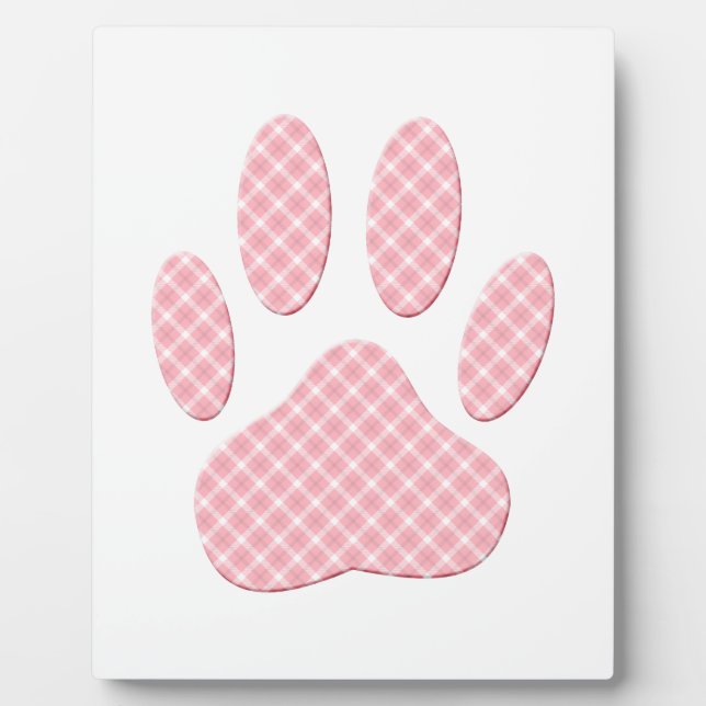 Pink And White Tartan Dog Paw Print Plaque (Front)