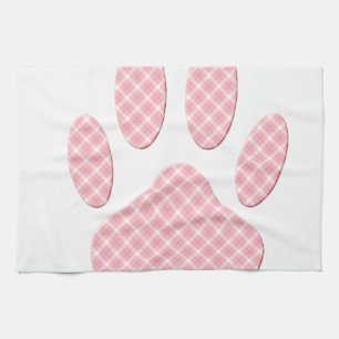 Pink And White Tartan Dog Paw Print Tea Towel
