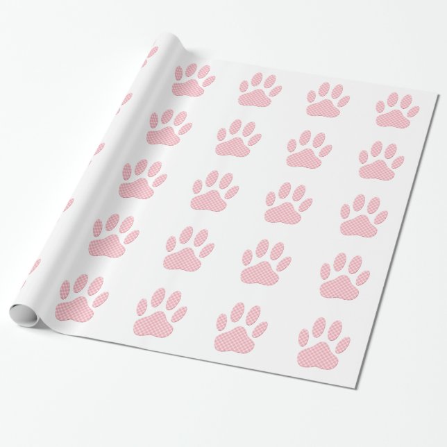 Pink And White Tartan Dog Paw Print Wrapping Paper (Unrolled)