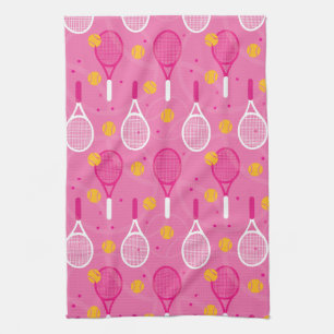 Pink and white tennis racket pattern tea towel