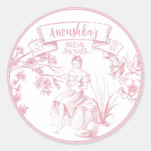 Pink and White Toile de Jouy Bridal Shower Classic Round Sticker