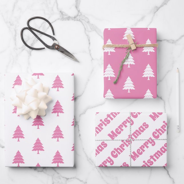 Pink and white trees Merry Christmas holiday Wrapping Paper Sheet (Front)