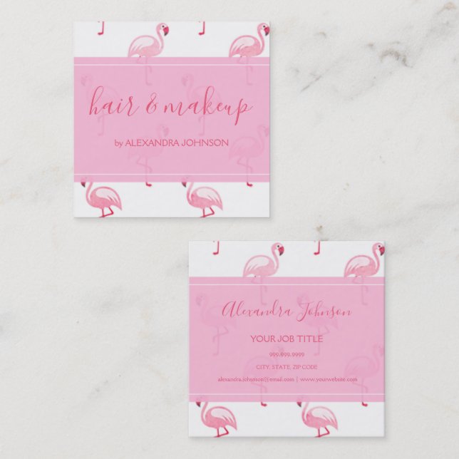 Pink and White Tropical Flamingo Pattern Square Business Card (Front/Back)