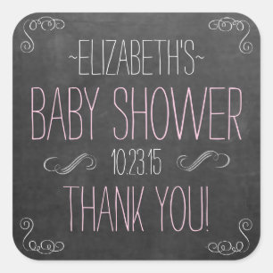 Pink and White Typography Chalkboard Baby Shower Square Sticker