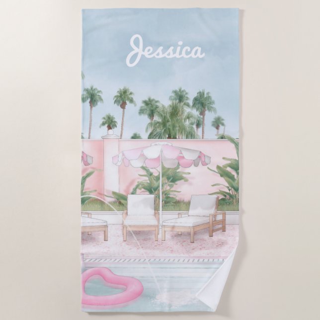 Pink and White Umbrella by the Pool Beach Towel (Front)
