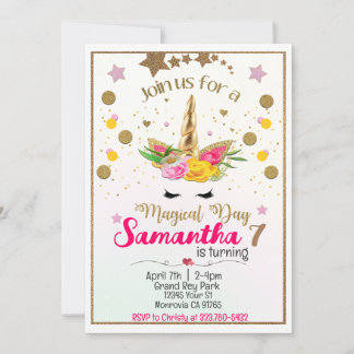 Pink and white Unicorn Birthday invitation
