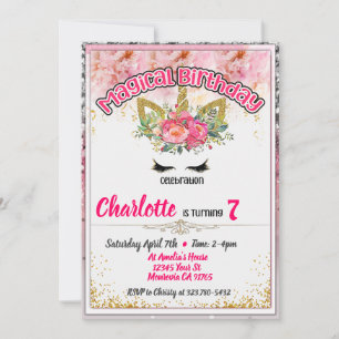 Pink and white Unicorn Birthday party invitation