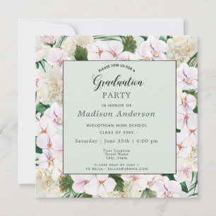 Pink and White Watercolor Blooms Graduation Party Invitation