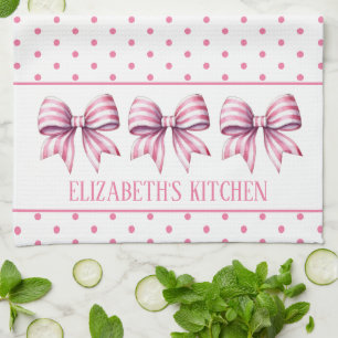 Pink and White Watercolor Bows Personalized Tea Towel