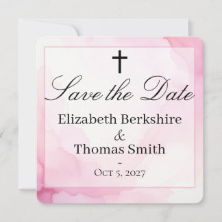 Pink and White Watercolor Catholic Wedding Save The Date