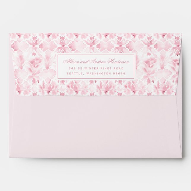 Pink and White Watercolor Damask Wedding Envelope (Back (Top Flap))