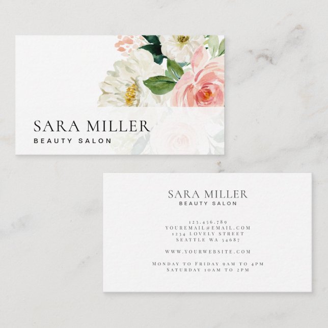 Pink and White Watercolor Floral Bouquet Business Card (Front/Back)