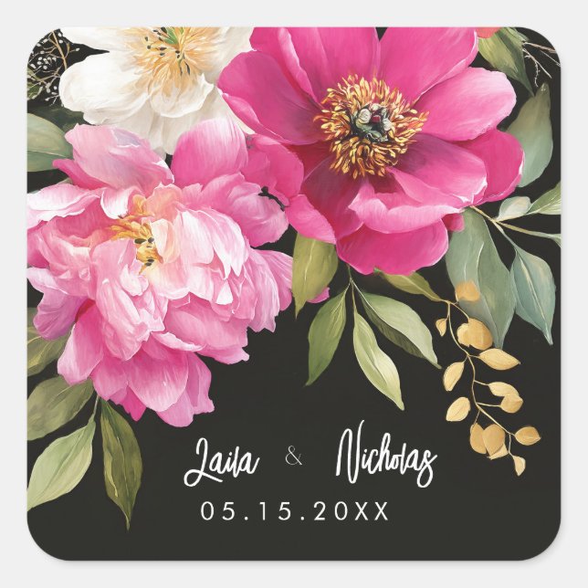Pink and White Watercolor Peony Floral Wedding Square Sticker (Front)