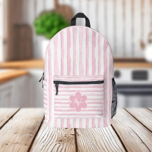 Pink and White Watercolor Stripes Flower Monogram Printed Backpack