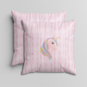 Pink and White Watercolor Stripes with Unicorn Cushion