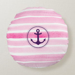 Pink and White Watercolors Trendy Anchor Round Cushion
