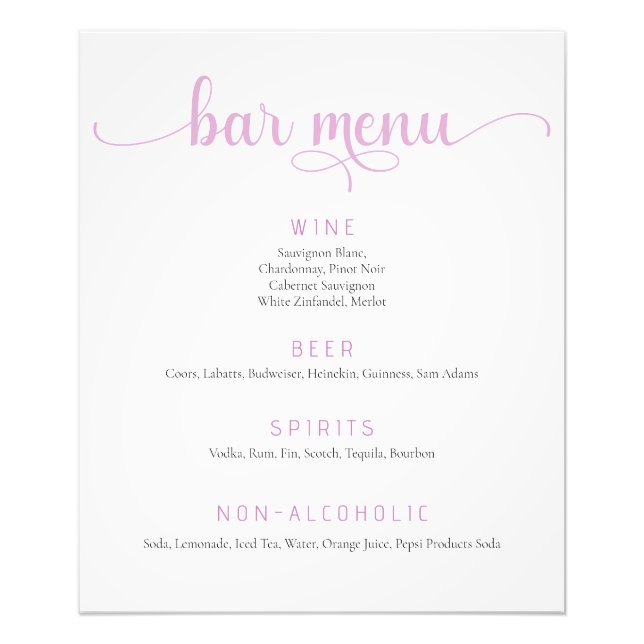 Pink and White Wedding Bar Menu Poster (Front)