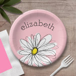 Pink and White Whimsical Daisy with Custom Text Paper Plate<br><div class="desc">A zen and whimsical,  hipster piece of art. You can add a name,  monogram or other custom text. If you need to move the art around,  click on the customise button to make changes.</div>