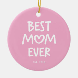Pink and White Whimsical Heart Best Mum Ever Ceramic Ornament
