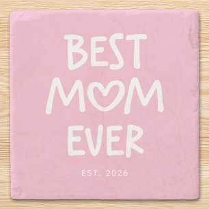 Pink and White Whimsical Heart Best Mum Ever Stone Coaster