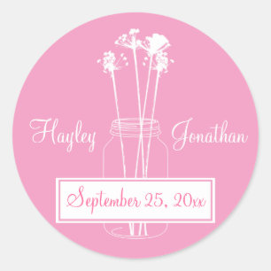 Pink and White Wildflowers Mason Jar Save The Date Classic Round Sticker