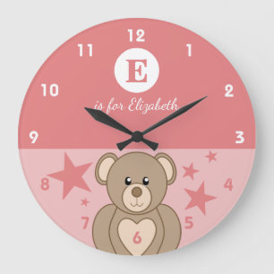 Pink and white with a cute teddy stars baby name large clock