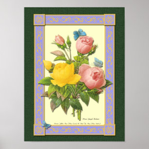 Pink and Yellow Botanical Roses Poster