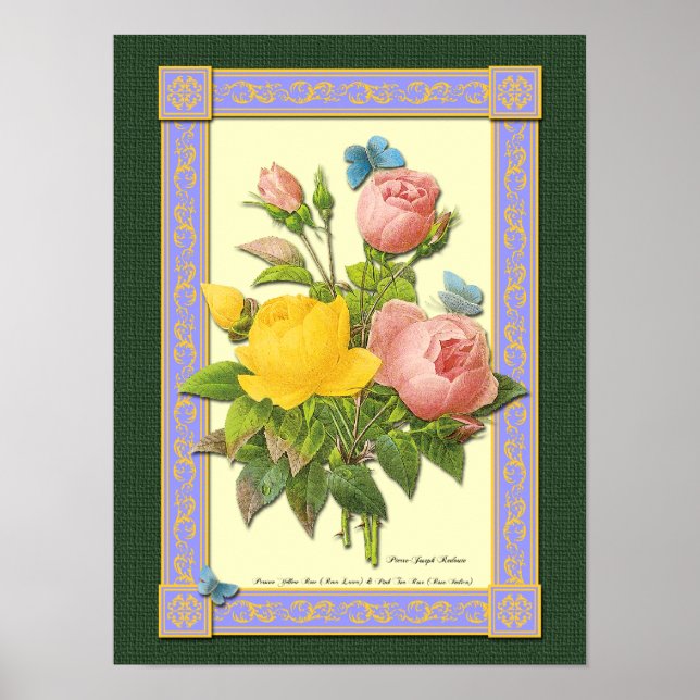 Pink and Yellow Botanical Roses Poster (Front)