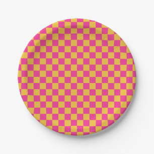 Pink and Yellow Checkerboard Paper Plate