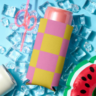 Pink and Yellow Checkered Pattern Seltzer Can Cooler