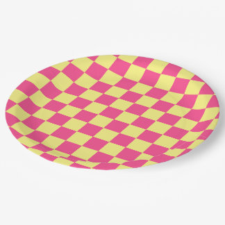 Pink and Yellow Checkered Print Paper Plate