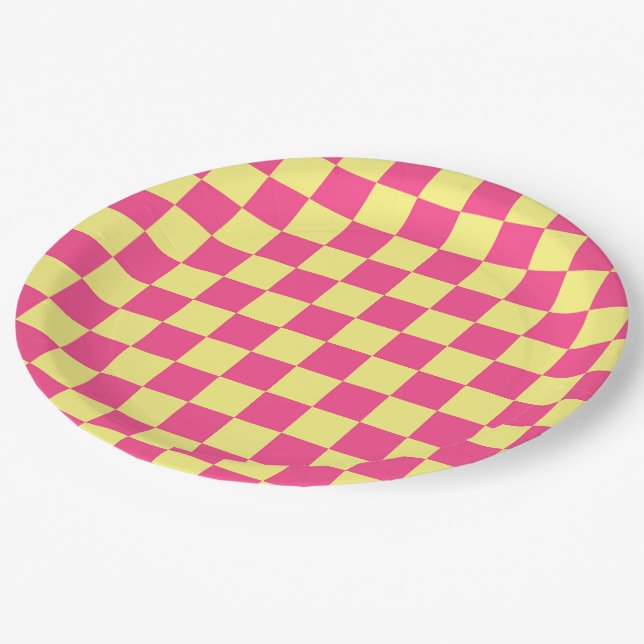 Pink and Yellow Checkered Print Paper Plate (Angled)