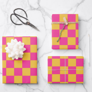 Pink and Yellow Chequerboard Wrapping Paper Sheet