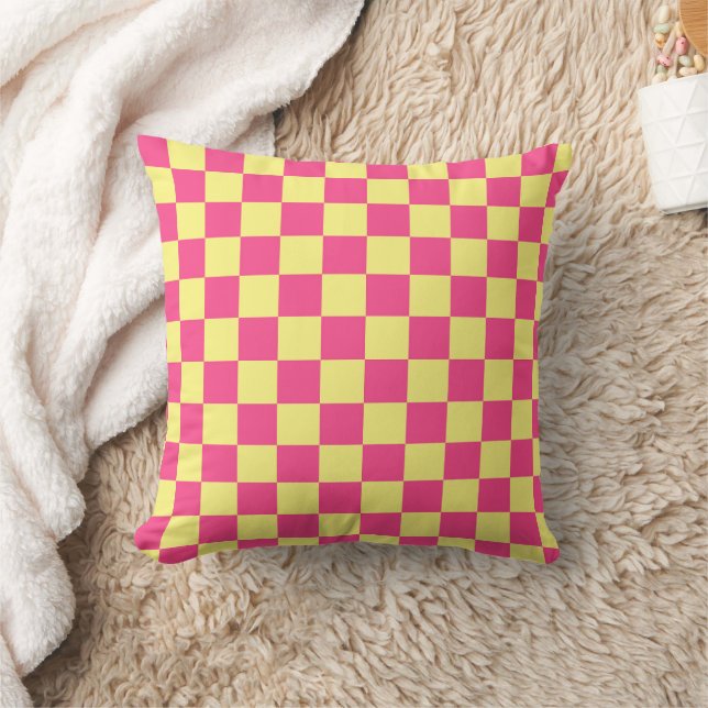 Pink and Yellow Chequered Print Cushion (Blanket)
