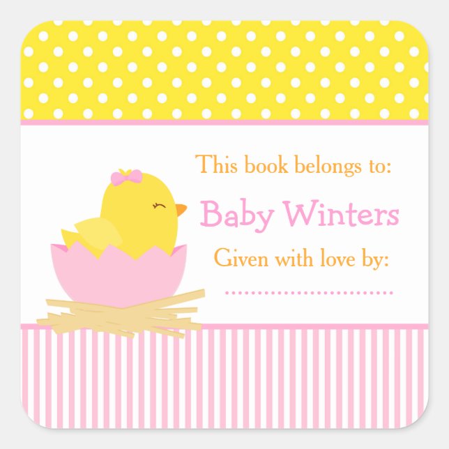 Pink and Yellow Chick Baby Shower Bookplate Square Sticker (Front)