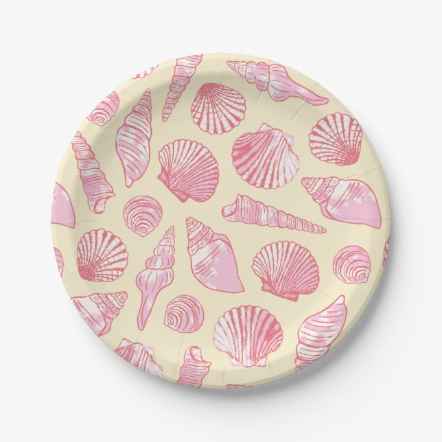 Pink and Yellow Coastal Painted Seashells Paper Plate (Front)