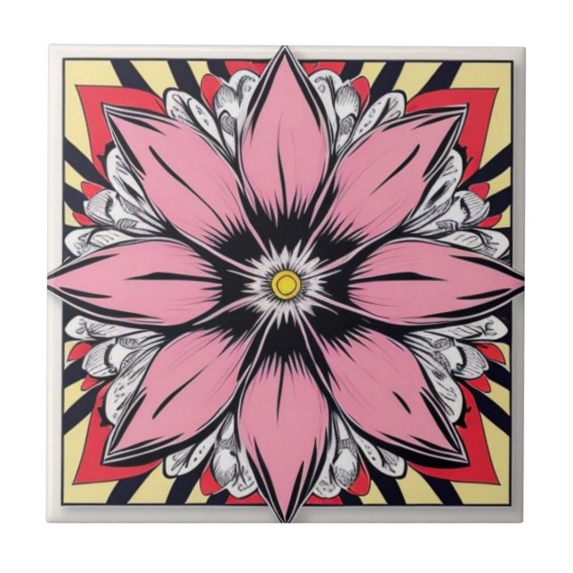 Pink and yellow comic style flower Ceramic Tile (Front)