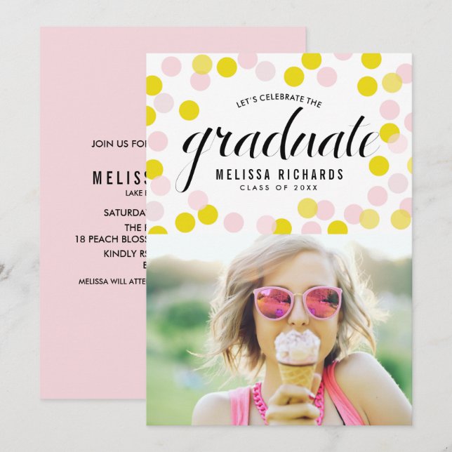 Pink and Yellow Confetti Dots Photo Graduation Invitation (Front/Back)