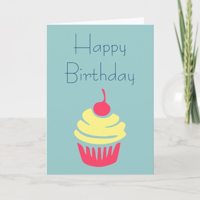 Pink and Yellow Cupcake Cherry On Top Birthday Card (Front)