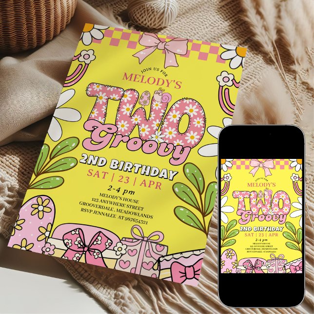 Pink and Yellow Daisy 2nd Birthday Retro Birthday Invitation (Creator Uploaded)