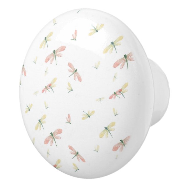 Pink and Yellow Dragonflies on White Ceramic Knob  (Right)