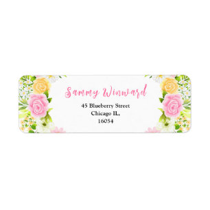 Pink and Yellow Floral and Foliage Bridal Shower Return Address Label