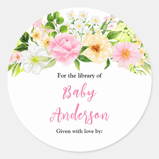 Pink and Yellow Floral Baby Shower Bookplate Classic Round Sticker (Front)
