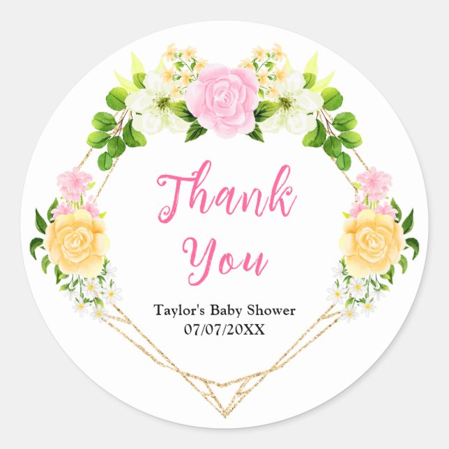 Pink and Yellow Floral Baby Shower Thank You Classic Round Sticker (Front)