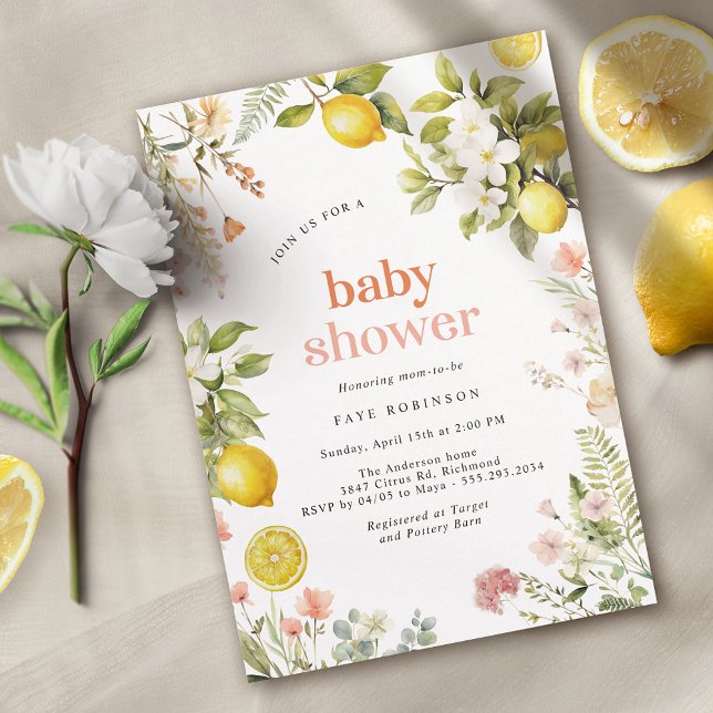 Pink and Yellow | Floral Lemon Citrus Baby Shower Invitation (Creator Uploaded)